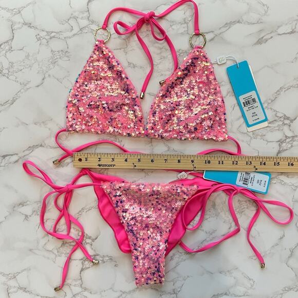 Beach Bunny Pink Icon Triangle Top & Icon Tie Side Skimpy Bottom $250 - Picture 11 of 12
